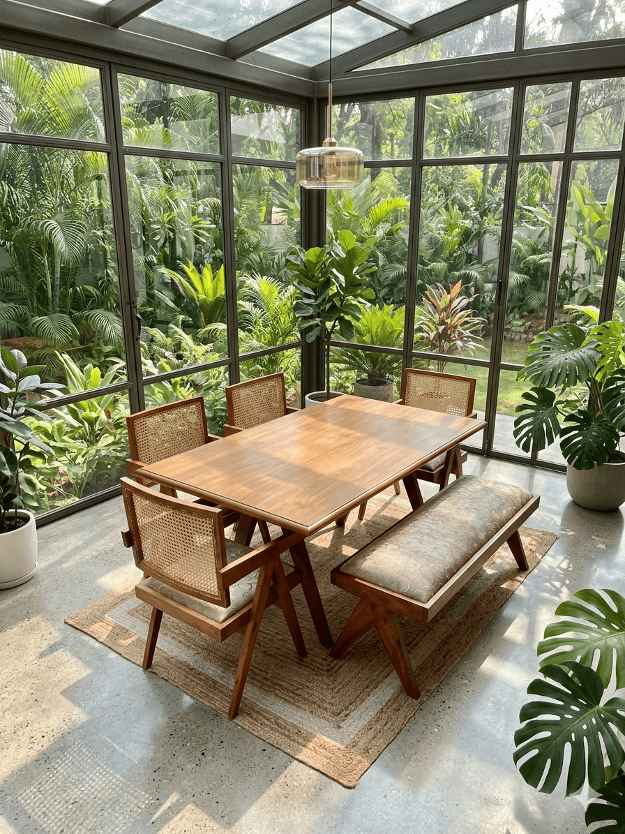 dining table with four chairs and bench