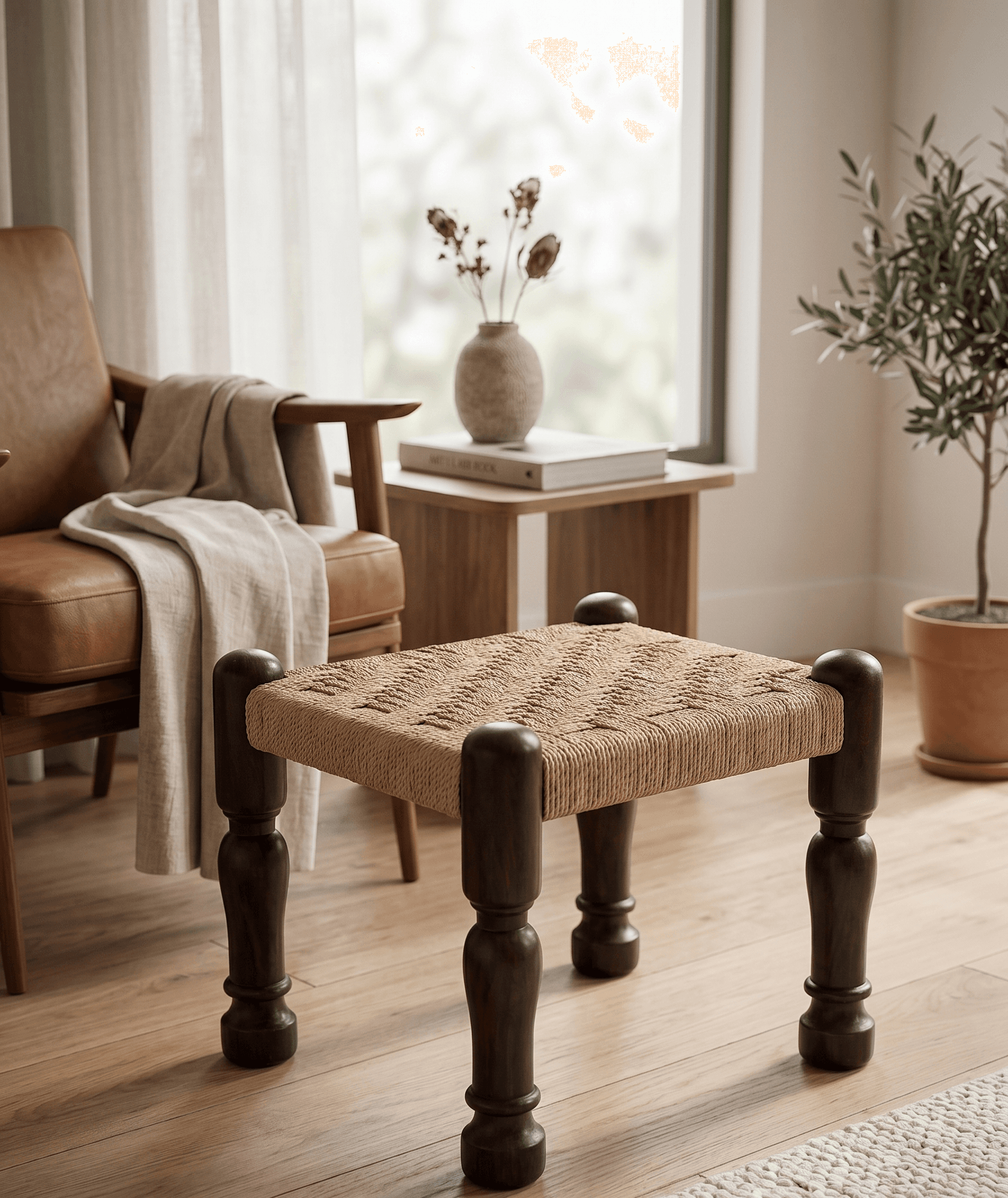 Handwoven wooden charpai stool